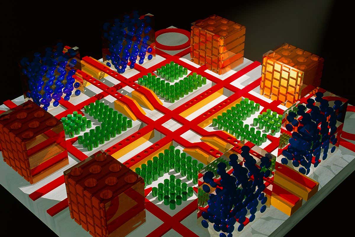 An illustration of photonic crystals, materials that can trap and direct light