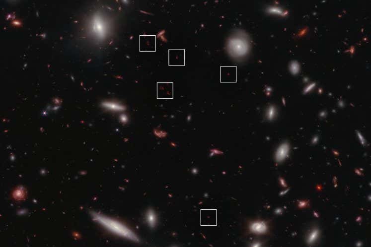Seven galaxies highlighted here in five boxes are part of the most distant galaxy cluster ever found