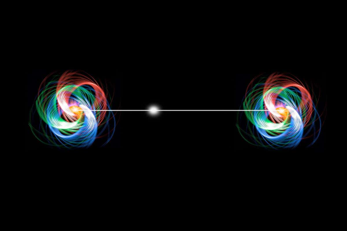 Quantum entanglement. Conceptual artwork of a pair of entangled quantum particles or events (left and right) interacting at a distance. Quantum entanglement is one of the consequences of quantum theory. Two particles will appear to be linked across space and time, with changes to one of the particles (such as an observation or measurement) affecting the other one. This instantaneous effect appears to be independent of both space and time, meaning that, in the quantum realm, effect may precede cause.