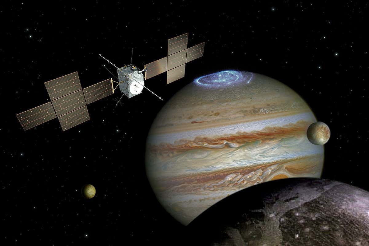 An artists' impression of ESA's JUICE spacecraft at Jupiter