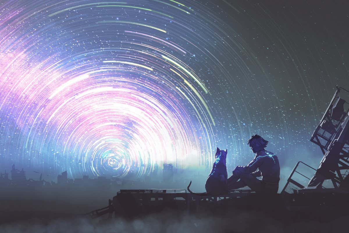 man and his pet in futuristic suit siting and looking at the star trail in the sky, digital art style, illustration painting; Shutterstock ID 2155438713; purchase_order: -; job: -; client: -; other: -