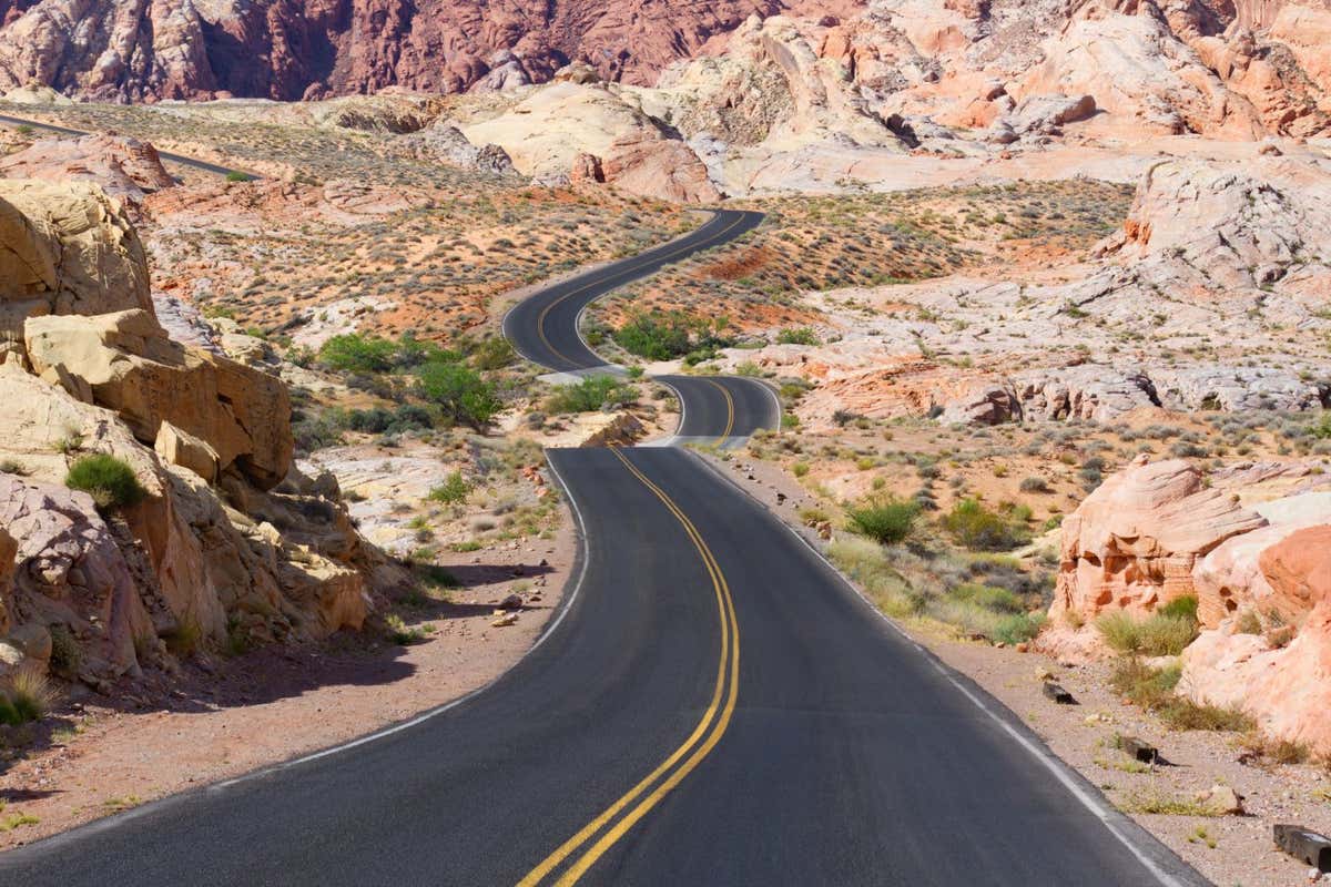 Winding road in colorful desert landscape, Valley of Fire State Park, NV.; Shutterstock ID 289529552; purchase_order: -; job: -; client: -; other: -