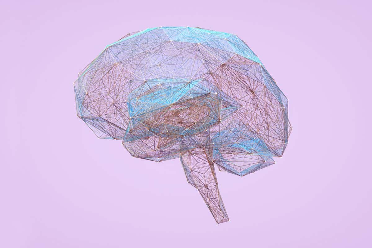 Digital generated image of low poly net structured transparent data brain made out of golden wires with glowing blue edges against purple background.