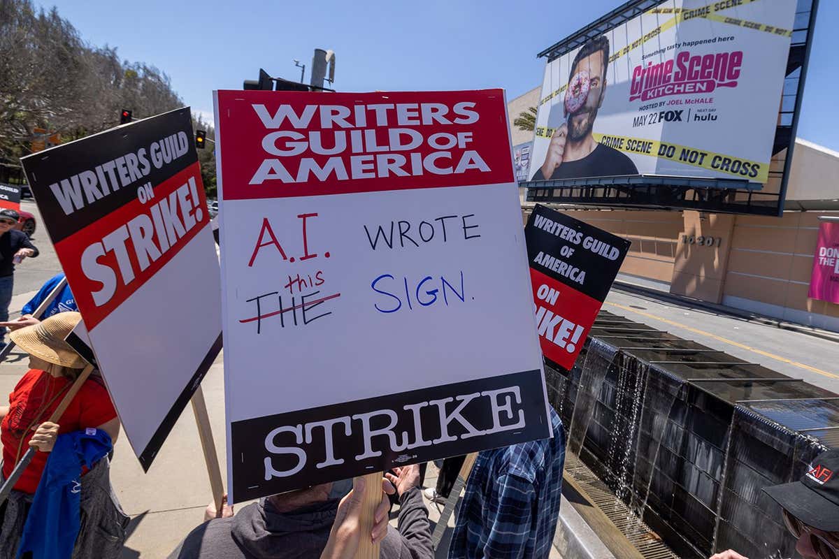 People picket outside of FOX Studios on the first day of the Hollywood writers strike on May 2, 2023 in Los Angeles