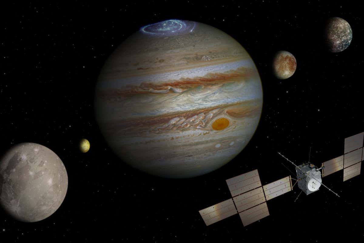 https://www.esa.int/ESA_Multimedia/Images/2017/07/Exploring_Jupiter t may still be some years away from launch, and over a decade before our Jupiter Icy Moons Explorer reaches the gas giant and its icy moons, but preparations are well under way. This new artist?s impression depicts the final spacecraft design, the construction of which is being overseen by Airbus Defence and Space. The spacecraft?s solar wings form a distinctive cross-shape totalling 97 sq m, the largest ever flown on an interplanetary mission. The size is essential to generate sufficient power ? around 850 W ? for the instruments and spacecraft so far from the Sun. The spacecraft is furnished with a laboratory of instruments that will investigate Jupiter?s turbulent atmosphere and vast magnetosphere, as well as study the planet-sized moons Ganymede, Europa and Callisto. All three moons are thought to have oceans of liquid water beneath their icy crusts and should provide key clues on the potential for such moons to harbour habitable environments. Juice?s cameras will capture exquisite details of the moon?s features, as well as identify the ices and minerals on their surfaces. Other instruments will sound the subsurface and interior of the moons to better understand the location and nature of their buried oceans. The tenuous atmosphere around the moons will also be explored. The spacecraft will also include booms such as a 10 m-long magnetometer mast (seen towards the bottom of Juice in the artist impression), a 16 m radar antenna (the long boom across the top), and antennas to measure electric and magnetic fields. Ganymede is the only moon in the Solar System to generate its own internal magnetic field, and Juice is well equipped to document its behaviour and explore its interaction with Jupiter?s own magnetosphere. Juice is scheduled for launch in 2022 on a seven-year journey to the Jovian system. Its tour will include a dedicated orbit phase of Jupiter, targeted flybys of Europa, Ganymede and Callisto, and finally nine months orbiting Ganymede ? the first time any moon beyond our own has been orbited by a spacecraft. In the artist?s impression, which is not to scale, Ganymede is shown in the foreground, Callisto to the far right, and Europa centre-right. Volcanically active moon Io is also shown, at left. The moons were imaged by NASA?s Galileo spacecraft; Jupiter is seen here with a vivid aurora, captured by the NASA/ESA Hubble Space Telescope. ESA/ATG medialab; Jupiter: NASA/ESA/J. Nichols (University of Leicester); Ganymede: NASA/JPL; Io: NASA/JPL/University of Arizona; Callisto and Europa: NASA/JPL/DLR