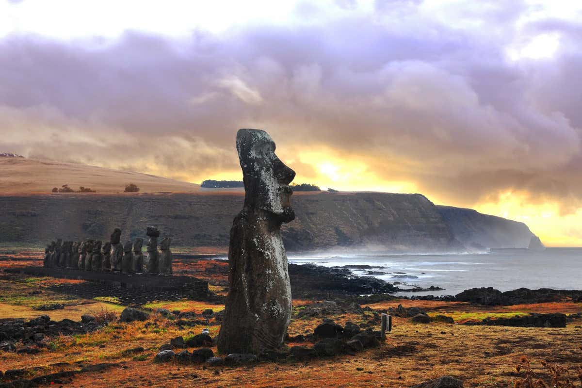 Sunrise over Ahu Tongariki Moai in Easter Island, Chile