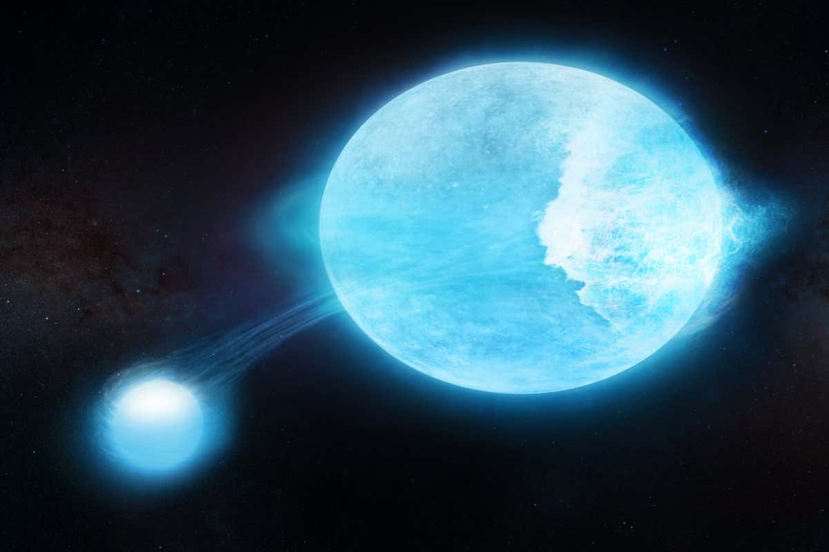 Artist's depiction of binary star system MACHO 80.7443.1718, with huge waves rising on the larger star