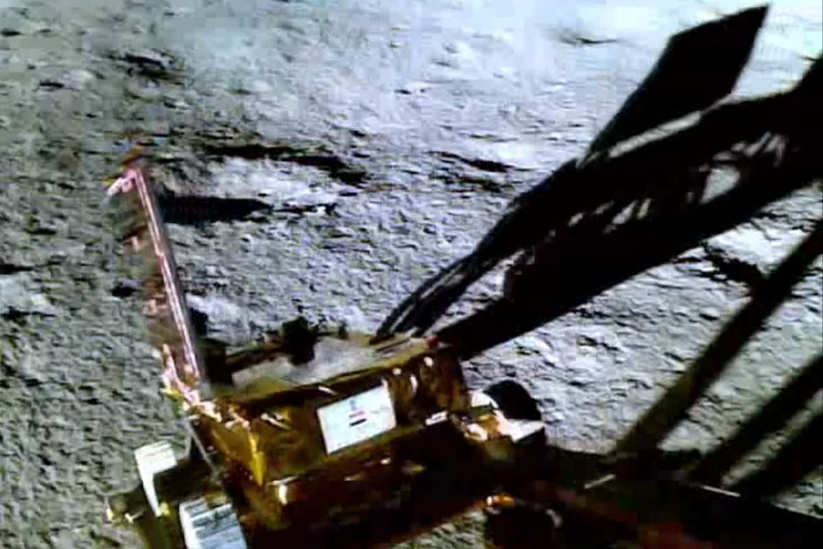 Chandrayaan-3's Pragyan rover going down a ramp from the lander to reach the surface of the moon