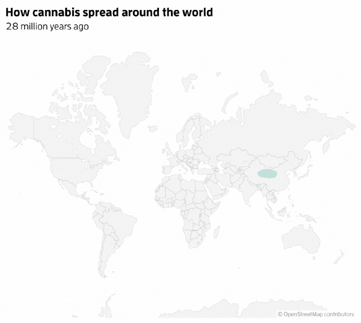 Cannabis originated on the Tibetan plateau around 28 million years ago. It was first cultivated in China around 10,000 BC and spread throughout central and East Asia by 4000 BC. From there, traders brought it to the Indian subcontinent, Middle East and eastern Europe by 2000 BC. It arrived in South-East Asia and parts of Africa by AD 1400, and European colonists carried it to the Americas shortly after.