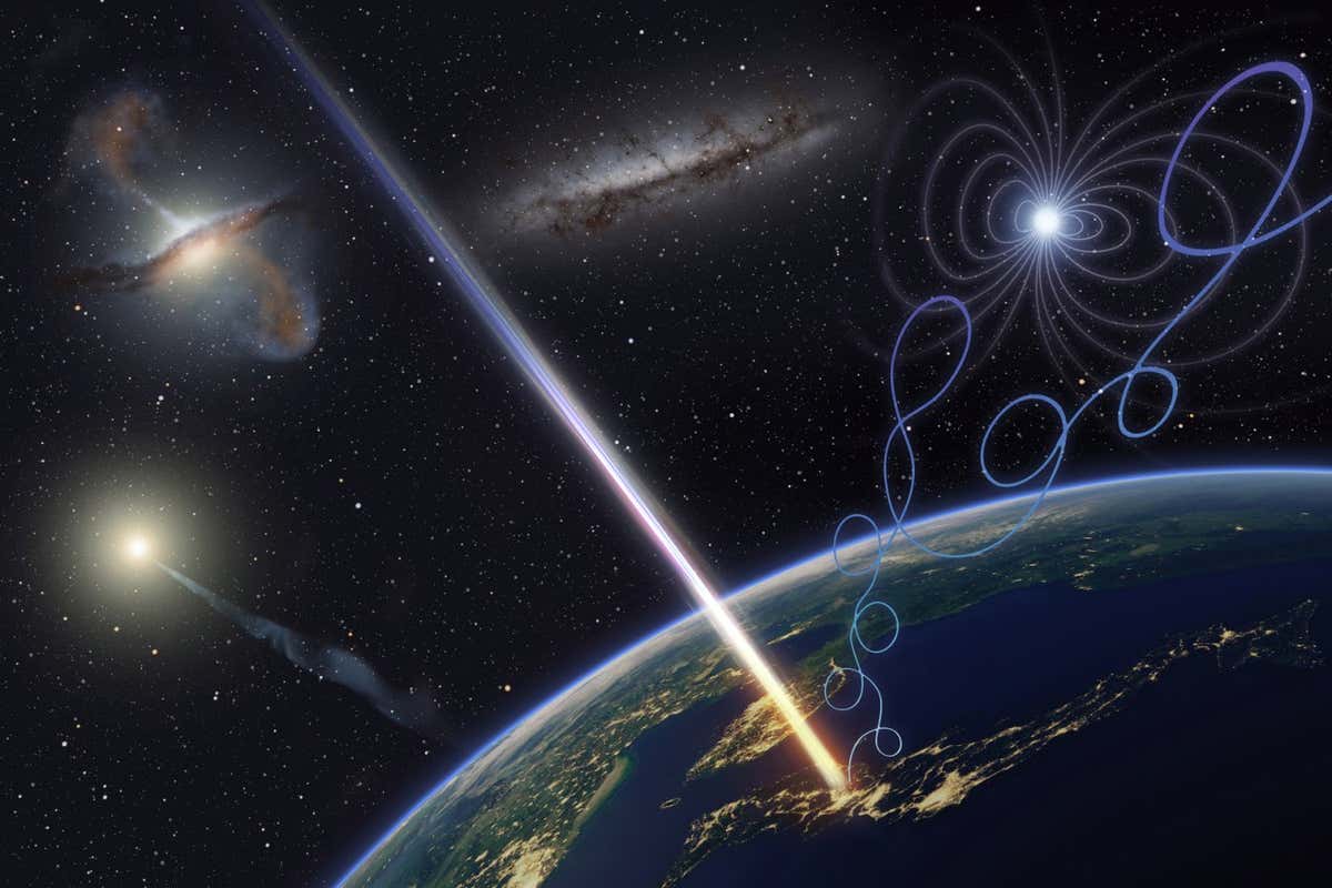 Illustration of an ultra-high-energy cosmic ray hitting Earth