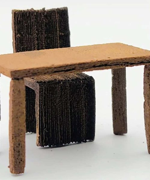 Miniature furniture 3D printed using ink made from recycled wood