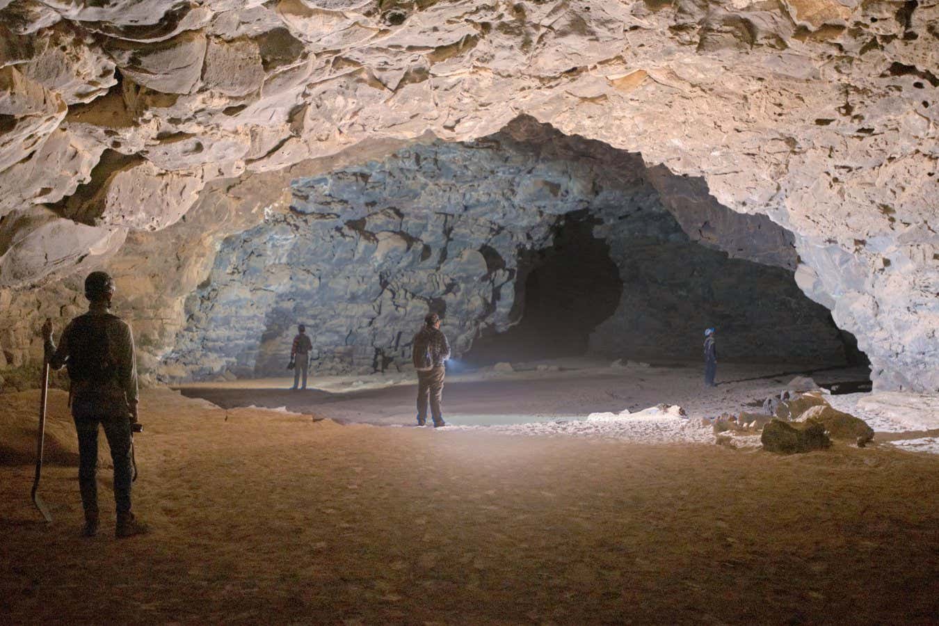 Inside the Umm Jirsan lava-tube cave, researchers have found evidence of human occupation dating back 10,000 years. Credit: Green Arabia Project. Supplied by Carley Rosengreen c.rosengreen@griffith.edu.au