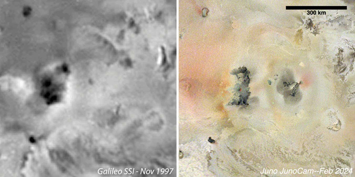 Side by side comparison of a Juno image from February 2024 and a Galileo image from 1997, revealing a new volcano