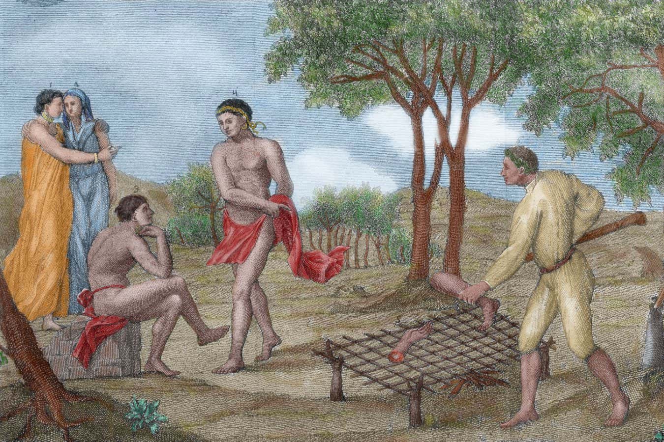 C1R8W3 Maipure Indians, inhabitants of the Upper Orinoco river, grilling the legs of a dead enemy. Italian Engraving 1781. Colored.