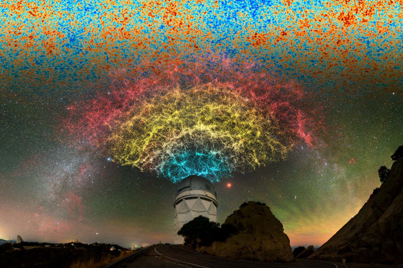 An artistic celebration of the Dark Energy Spectroscopic Instrument (DESI) year-one data, showing a slice of the larger 3D map that DESI is constructing during its five-year survey. By mapping objects across multiple periods of cosmic history with extremely high precision, DESI is allowing astronomers to make unprecedented measurements of dark energy and its effect on the accelerating expansion of the Universe. DESI???s map reveals the large-scale structure of the Universe, showing clumps of galaxies separated by voids where there are fewer objects. This pattern is a result of large pressure waves that permeated the early Universe and is reflected in the cosmic microwave background ??? a 2D snapshot of the radiation that filled the Universe shortly after the Big Bang, which bears the imprint of the 3D galaxy distribution. DESI is mounted on the U.S. National Science Foundation Nicholas U. Mayall 4-meter Telescope at Kitt Peak National Observatory, a Program of NSF NOIRLab. This version of the DESI map includes 600,000 galaxies ??? less than 0.1% of the survey's full volume. The locations of objects in the data slice do not correlate with their locations on-sky shown in this image.