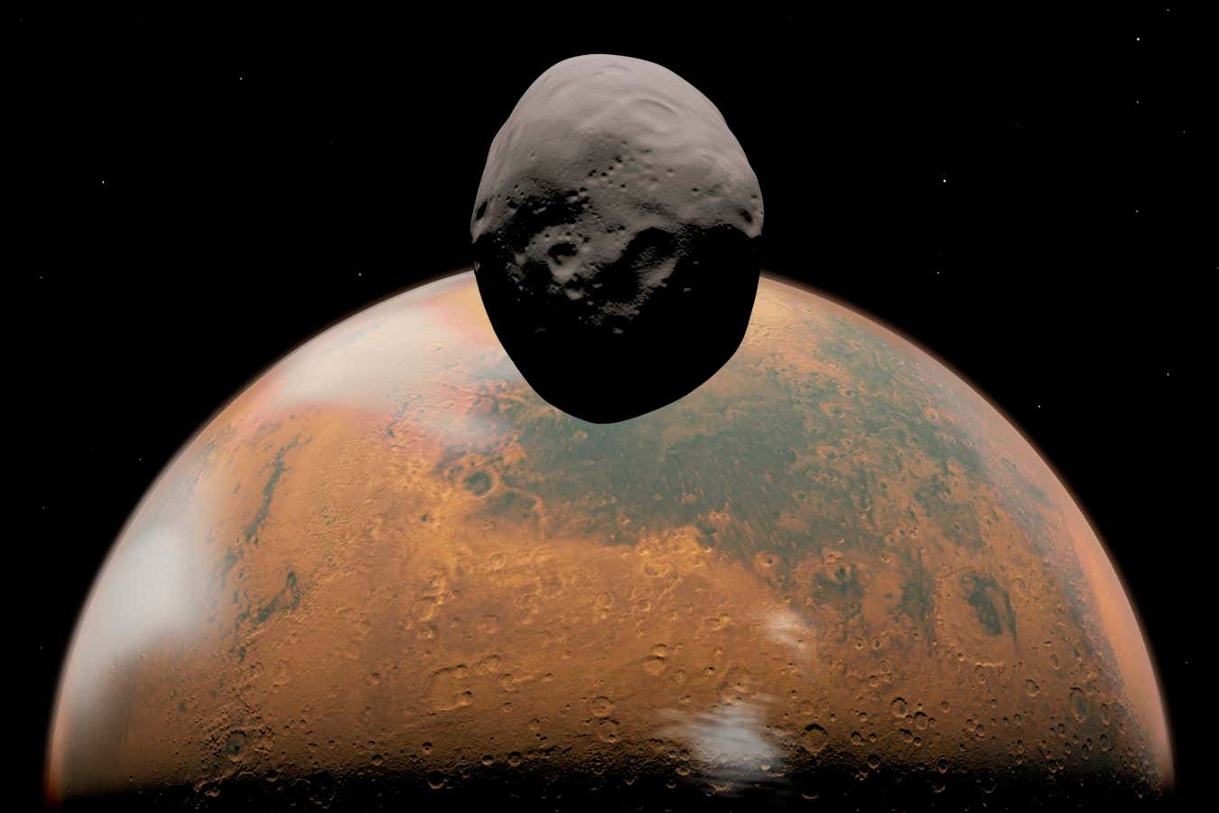 Mars and Phobos. Computer artwork of how Mars (left) and its tiny moon Phobos (upper centre) might appear from a distance of about 100 miles from the surface of Phobos. Phobos is the larger of Mars' two satellites (the other being Deimos), being about 16 miles long and about 11 miles across at its smallest dimension. It may be an asteroid long ago captured by Mars' gravity and does not have enough mass for gravity to pull it into a uniform sphere like the larger satellites and planets in the Solar System.