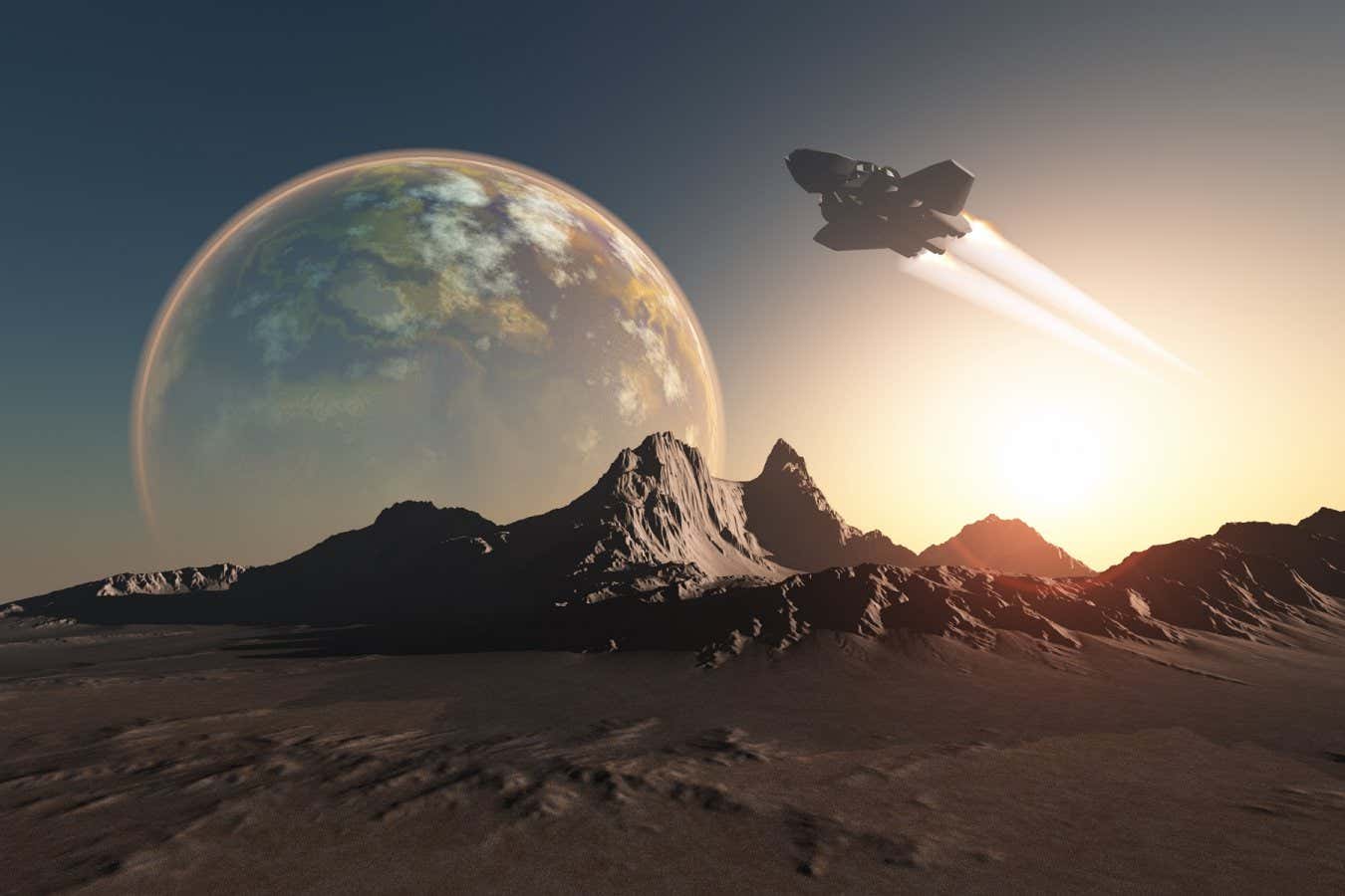 Spacecraft over the mountainous terrain of the planet.; Shutterstock ID 85321648; purchase_order: -; job: -; client: -; other: -