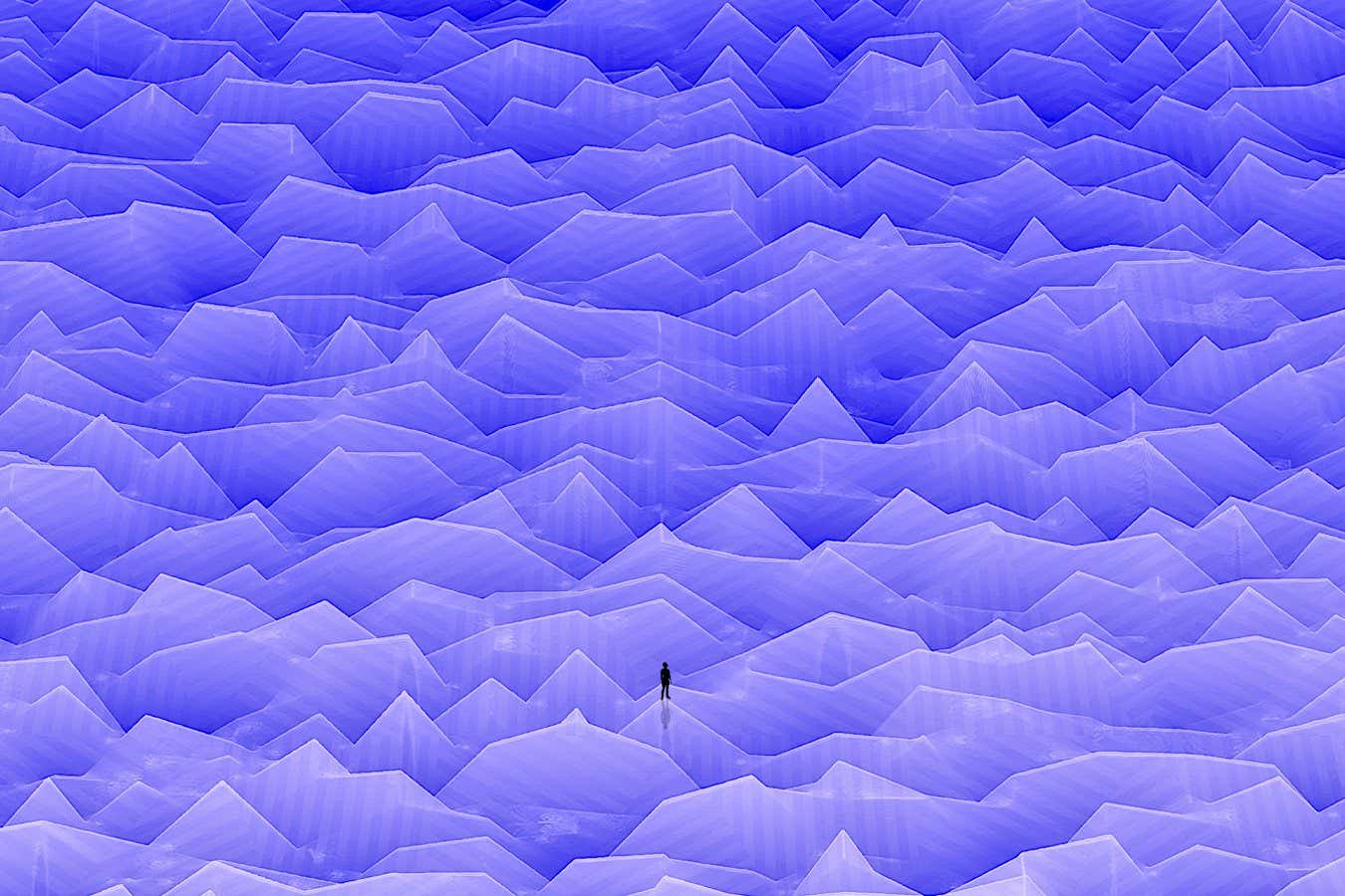 Digital artwork showing a lone human figure standing among jagged, glowing purple peaks that resemble an abstract mountain range, representing the hidden quantum landscape inside a solid.