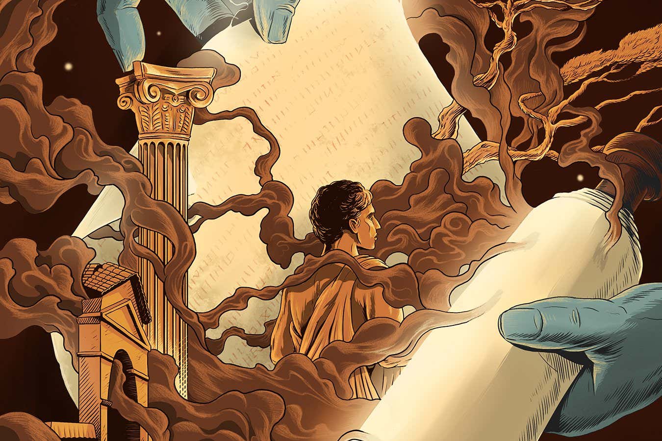 An illustration of a scroll being unfurled by two hands, surrounded by Roman columns and wisps of smoke, with a Roman figure in a toga at the centre