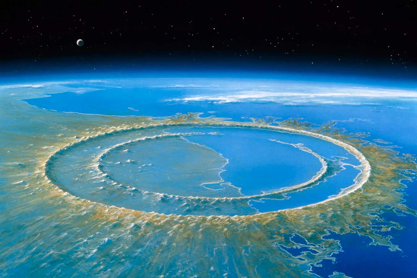 Chicxulub crater. Artwork of the Chicxulub impact crater on the Yucatan Peninsula, Mexico, soon after its creation. This impact may have caused the extinction of the dinosaurs and 70% of all Earth's species 65 million years ago. The crater is about 180 kilometres (km) wide and was caused by an asteroid or comet core which was 10-20 km across. The impact threw trillions of tonnes of dust into the atmosphere which may have blocked the Sun's light and caused global climate changes. The remains of this debris are found worldwide as a layer in rocks known as the "K/T boundary". Other impacts like this in Earth's future are a statistical certainty.