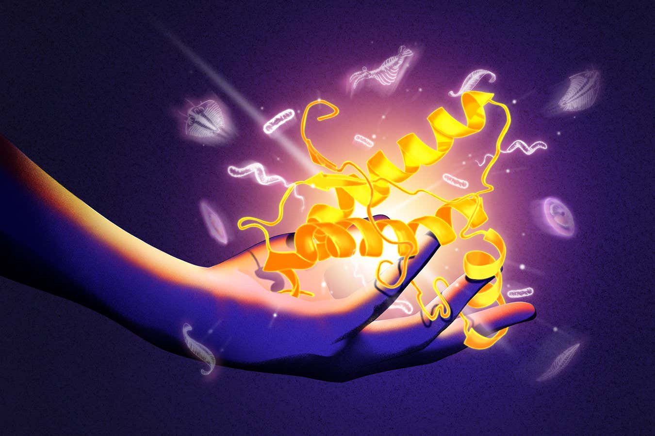 A hand holding glowing prion proteins, from which fossils and microbes emerge.