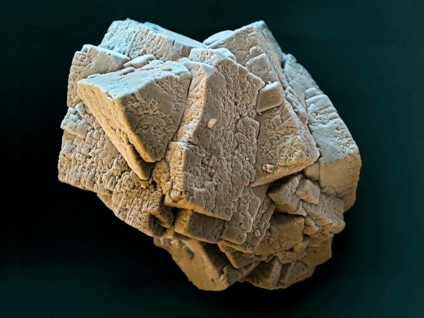 A coloured scanning electron micrograph of a Metal-organic framework 