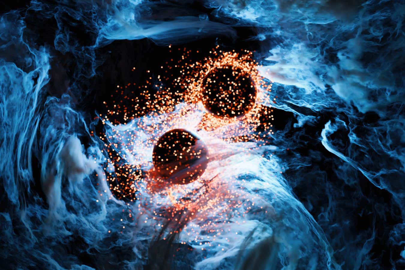 A rendering of two bright orange particles against an abstract background.