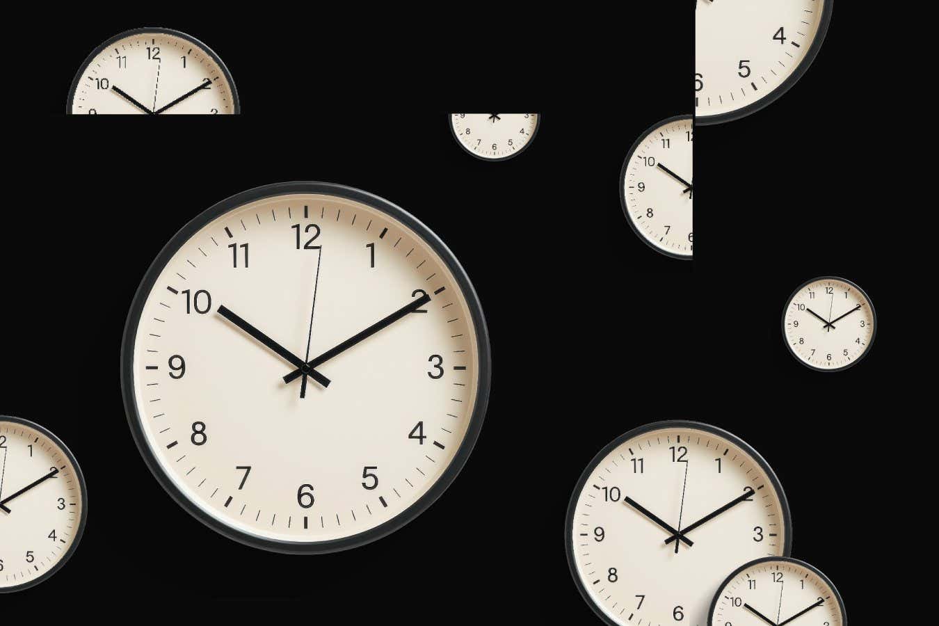 A collage of analog clocks against a black background. Some are broken in half