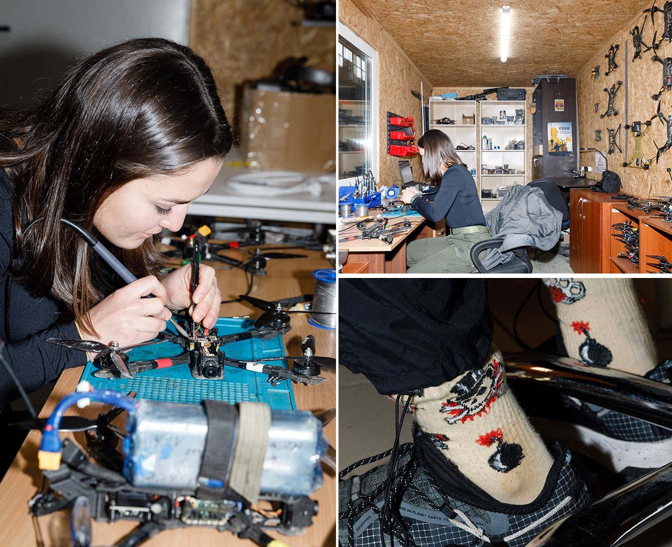 A collage of three photos, all showing a young woman in a small room, repairing drones with a soldering iron. Drones fill the walls, cabinets and tables of the room.