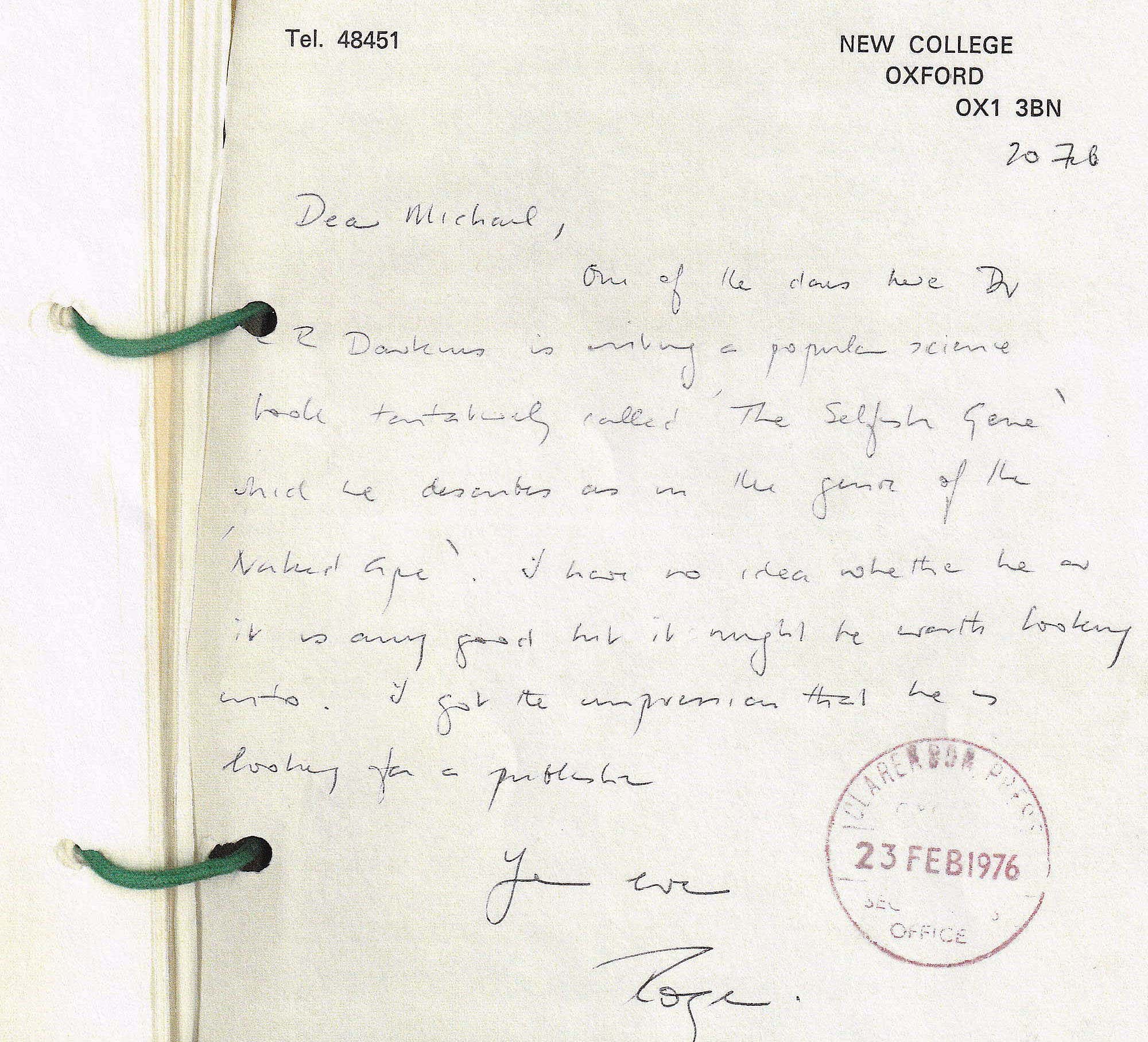 The letter sent to book editor Michael Rodgers more than 50 years ago, about The Selfish Gene