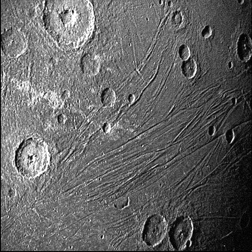 Big circular craters are seen across a dusty surface with track lines