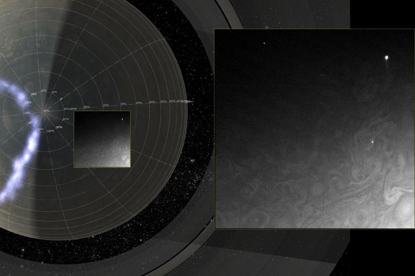 Juno's Radiation Monitoring Investigation used the Stellar Reference Unit (SRU) star camera to collect this high-resolution image of the dark side of Jupiter during Perijove 11 on Feb. 7, 2018. The clouds are illuminated by moonlight from Jupiter's moon Io and the two bright spots on the right side of the image are flashes of Jovian lightning. Juno was only 41,000 miles (66,000 kilometers) from the cloud tops when this SRU image was collected. The left side of the composite image shows a 3-dimensional visualization of Jupiter's Northern hemisphere with its northern aurora included. To the right of the aurora and solar terminator line, is a box illustrating the position of the SRU field of view at the time the image was taken. Further to the right is an exploded view of the SRU image. JunoCam's raw images are available at www.missionjuno.swri.edu/junocam for the public to peruse and process into image products. More information about Juno is online at http://www.nasa.gov/juno and http://missionjuno.swri.edu. NASA's Jet Propulsion Laboratory manages the Juno mission for the principal investigator, Scott Bolton, of Southwest Research Institute in San Antonio. Juno is part of NASA's New Frontiers Program, which is managed at NASA's Marshall Space Flight Center in Huntsville, Alabama, for NASA's Science Mission Directorate. Lockheed Martin Space Systems, Denver, built the spacecraft. Caltech in Pasadena, California, manages JPL for NASA.