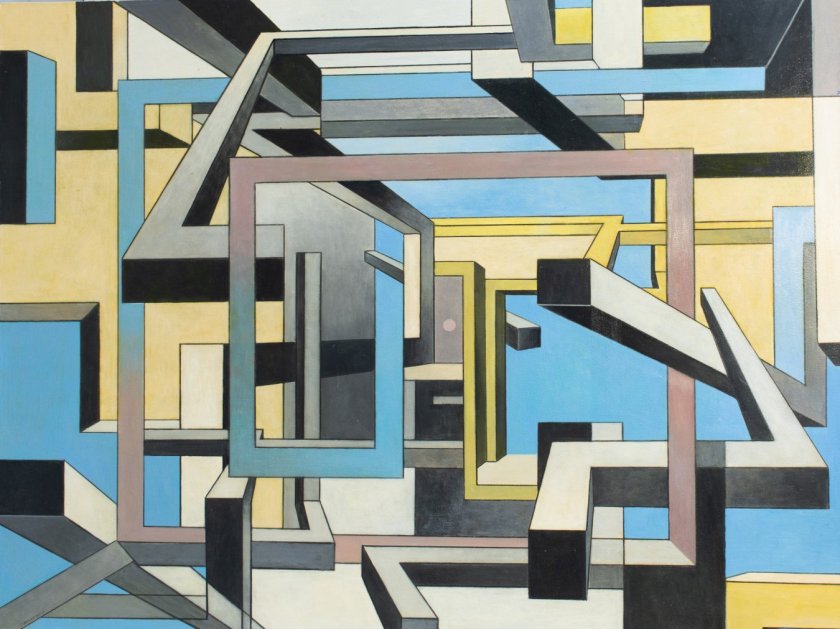 A painting of turning abstract lines, sitting orthogonal to each other