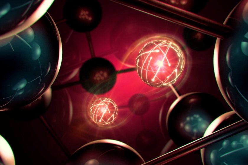Two qubits become entangled inside a block of silicon showing the entanglement as a graphical representation. Silicon atoms are graphically represented around the qubits.