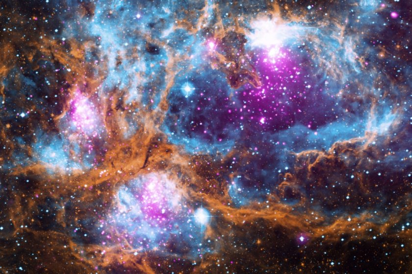 NGC 6357: Cosmic 'Winter' Wonderland Although there are no seasons in space, this cosmic vista invokes thoughts of a frosty winter landscape. It is, in fact, a region called NGC 6357 where radiation from hot, young stars is energizing the cooler gas in the cloud that surrounds them. This composite image contains X-ray data from NASA's Chandra X-ray Observatory and the ROSAT telescope (purple), infrared data from NASA's Spitzer Space Telescope (orange), and optical data from the SuperCosmos Sky Survey (blue) made by the United Kingdom Infrared Telescope. Located in our galaxy about 5,500 light years from Earth, NGC 6357 is actually a "cluster of clusters," containing at least three clusters of young stars, including many hot, massive, luminous stars. The X-rays from Chandra and ROSAT reveal hundreds of point sources, which are the young stars in NGC 6357, as well as diffuse X-ray emission from hot gas. There are bubbles, or cavities, that have been created by radiation and material blowing away from the surfaces of massive stars, plus supernova explosions. Astronomers call NGC 6357 and other objects like it "HII" (pronounced "H-two") regions. An HII region is created when the radiation from hot, young stars strips away the electrons from neutral hydrogen atoms in the surrounding gas to form clouds of ionized hydrogen, which is denoted scientifically as "HII". Researchers use Chandra to study NGC 6357 and similar objects because young stars are bright in X-rays. Also, X-rays can penetrate the shrouds of gas and dust surrounding these infant stars, allowing astronomers to see details of star birth that would be otherwise missed. A recent paper on Chandra observations of NGC 6357 by Leisa Townsley of Pennsylvania State University appeared in The Astrophysical Journal Supplement Series and is available online. NASA's Marshall Space Flight Center in Huntsville, Alabama, manages the Chandra program for NASA's Science Mission Directorate in Washington. The Smithsonian Astrophysical Observatory in Cambridge, Massachusetts, controls Chandra's science and flight operations.